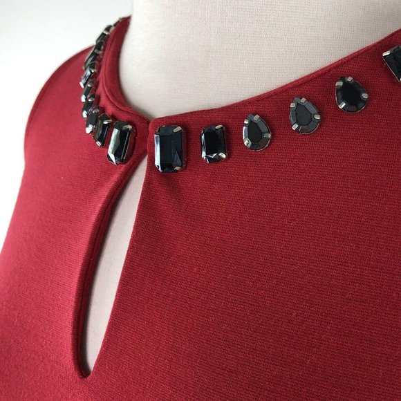 Boston Proper Red Navy Peplum Rhinestone Neck Top Shirt  |  Womens Small - Picture 5 of 9